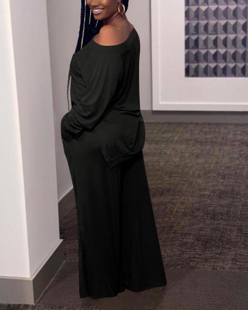 Solid Split Hem Boat Neck Top & Pants Set-Pinkami