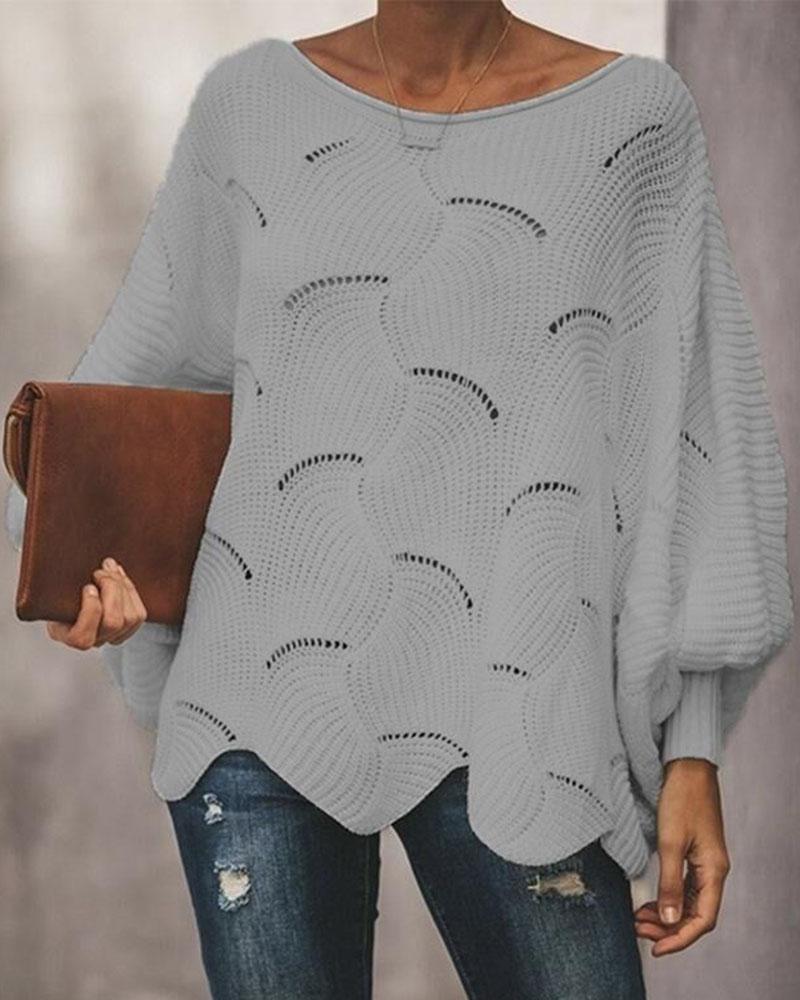 Open Knit Lantern Sleeve Scallop Hem Oversized Sweater-Pinkami