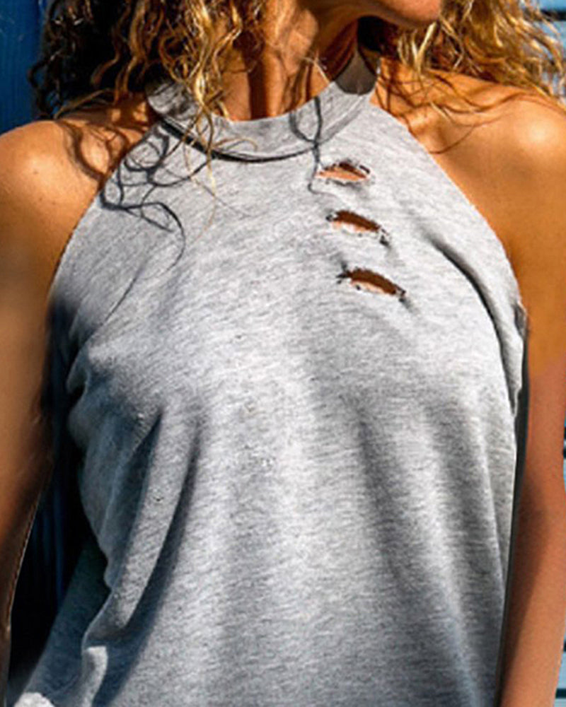Solid Ripped Detail Halter T-Shirt-Pinkami