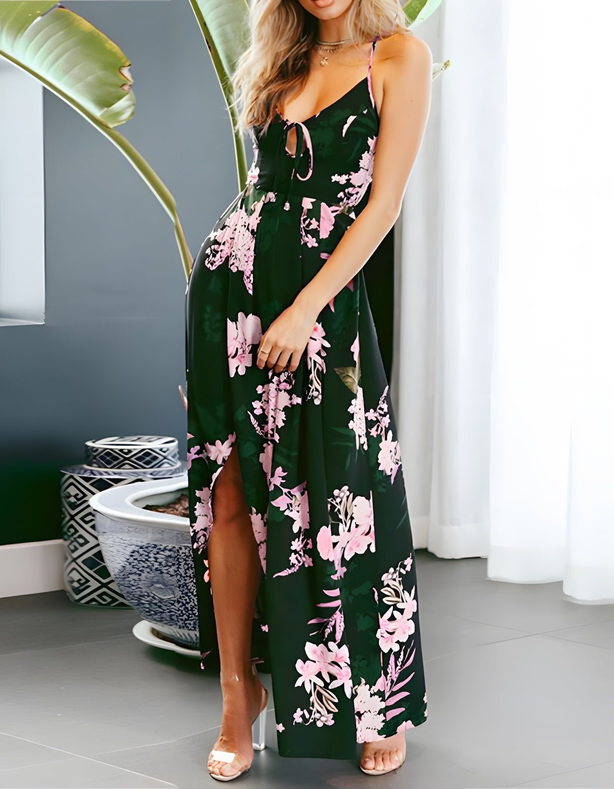 Floral Print Slit Maxi Dresses