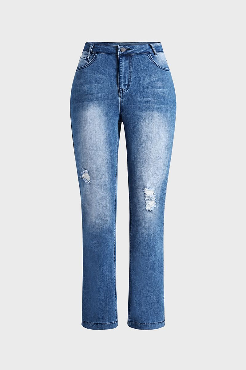 Split Hem Ripped Pocket Detail High Waist Flare Jeans-Pinkami