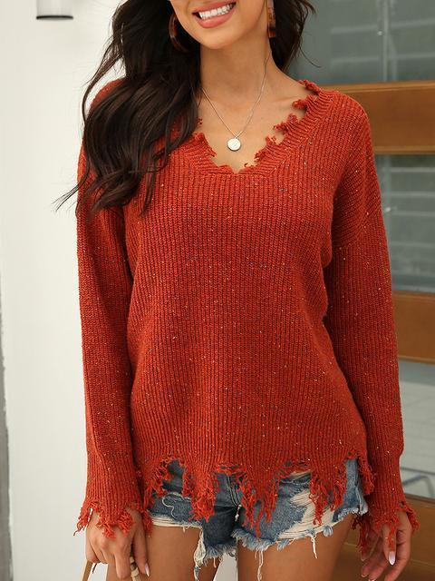 Solid Color V-neck Pullover Sweater-Pinkami