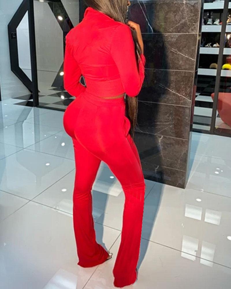 Solid Zip Up Stand Collar Top & Pants Set-Pinkami