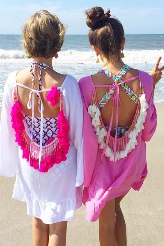 Sexy Fringe Self Tie Back Cover Up-Pinkami