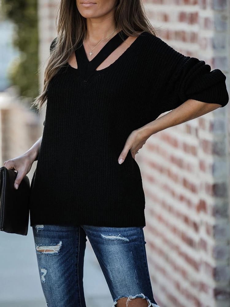 V-neck Solid Loose Sweater-Pinkami