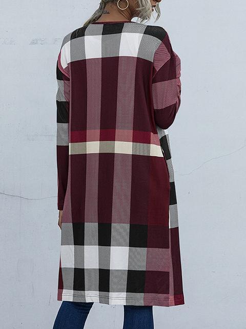 Plaid Print Long Cardigan Coat-Pinkami
