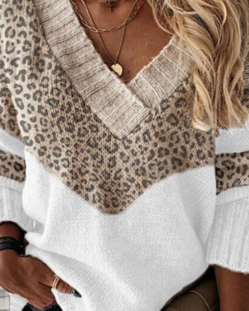 Colorblock Leopard Print Overlap Collar Sweater-Pinkami