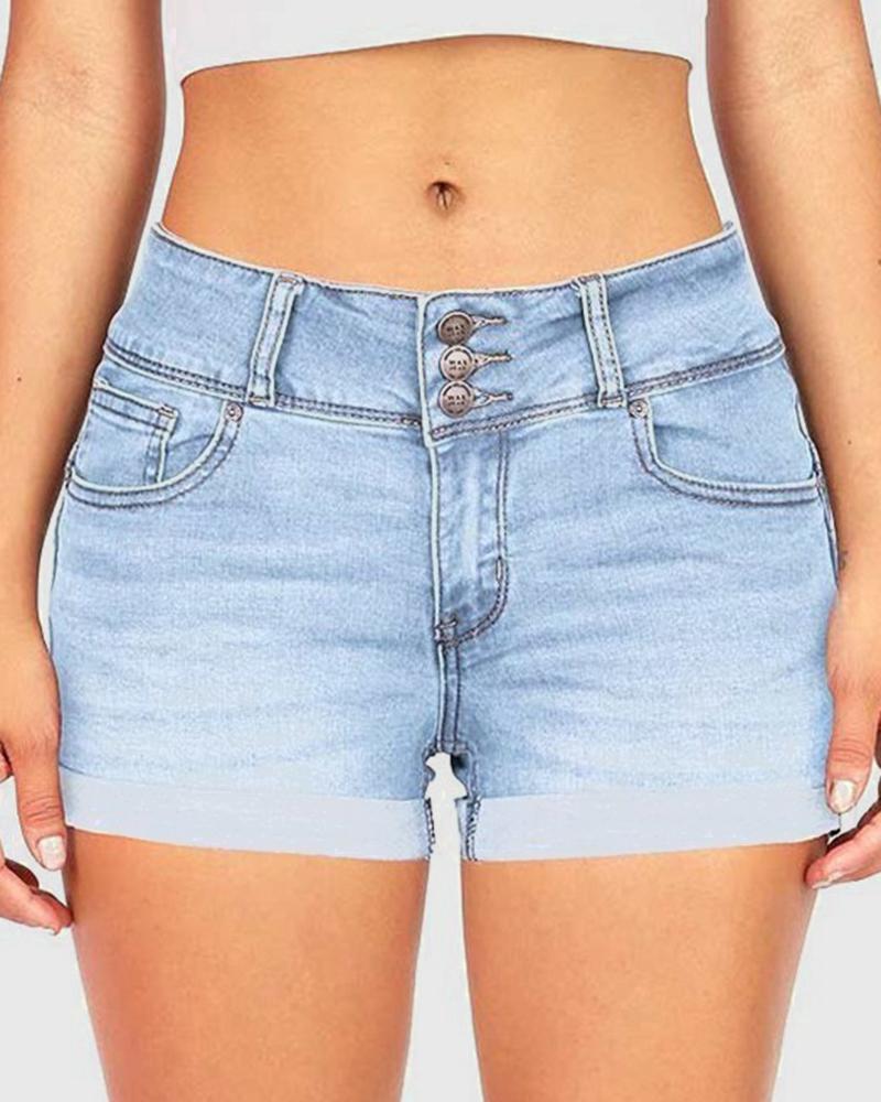 Women High Waist Button Front Roll Up Hem Denim Shorts-Pinkami