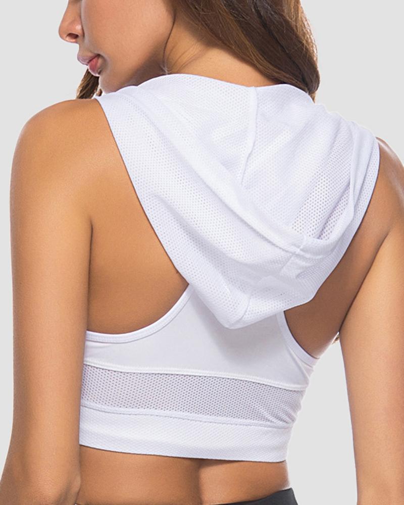 Solid Racerback Hollow Out Hooded Sports Bra-Pinkami