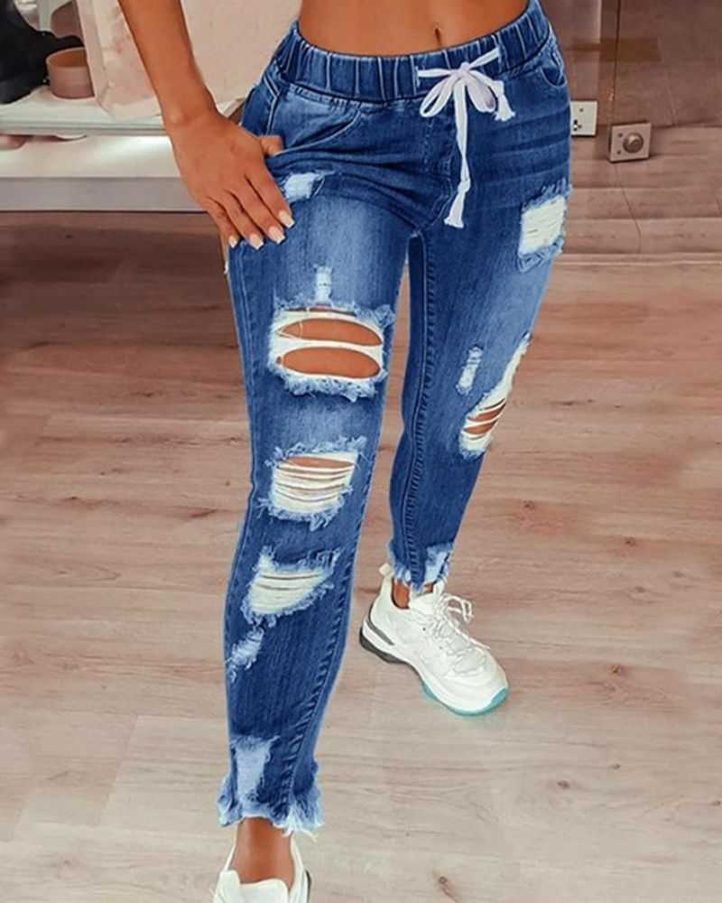 Women Plus Extreme Distressed Drawstring Waist Jeans-Pinkami