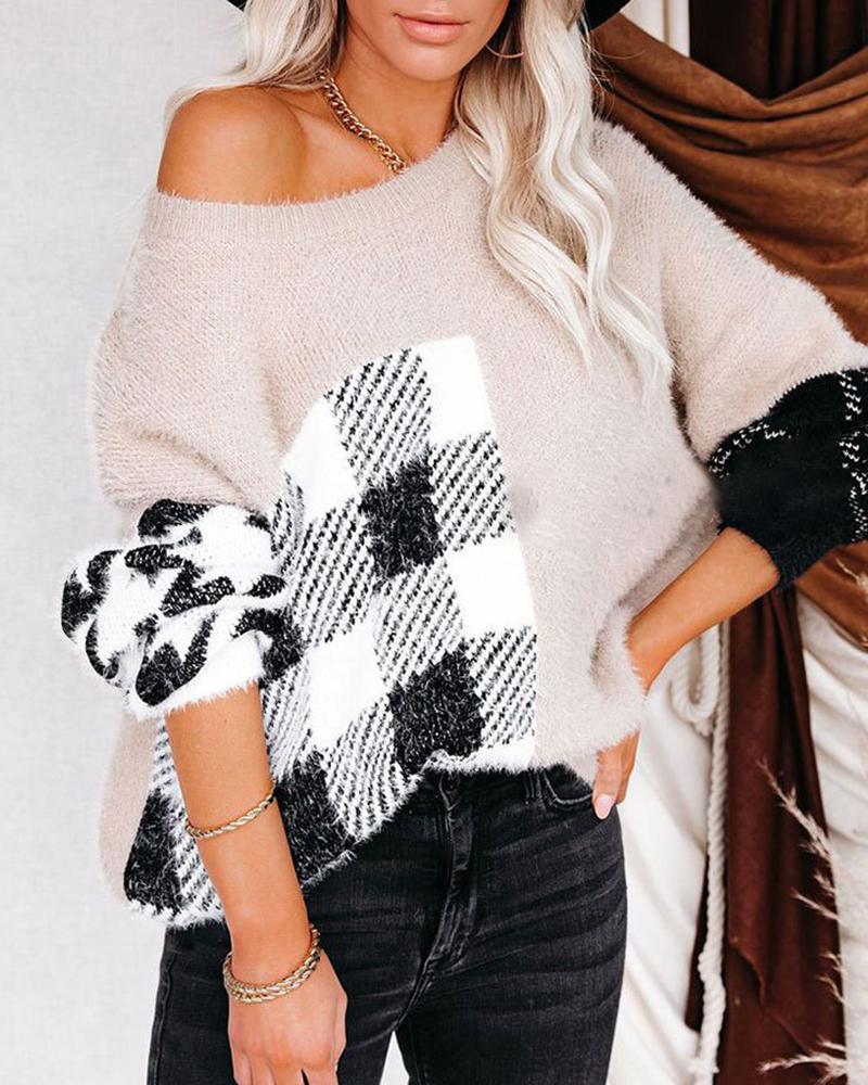 Colorblock Graphic Print Fuzzy Round Neck Sweater-Pinkami