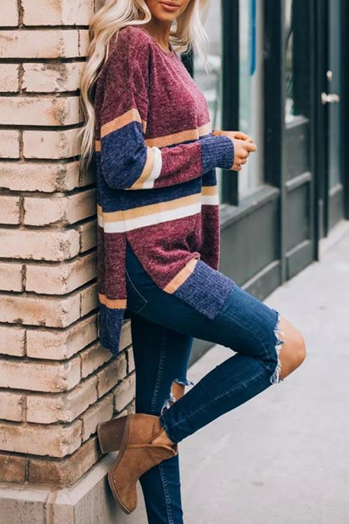 Loose Colorblock Split Round Neck Sweater-Pinkami