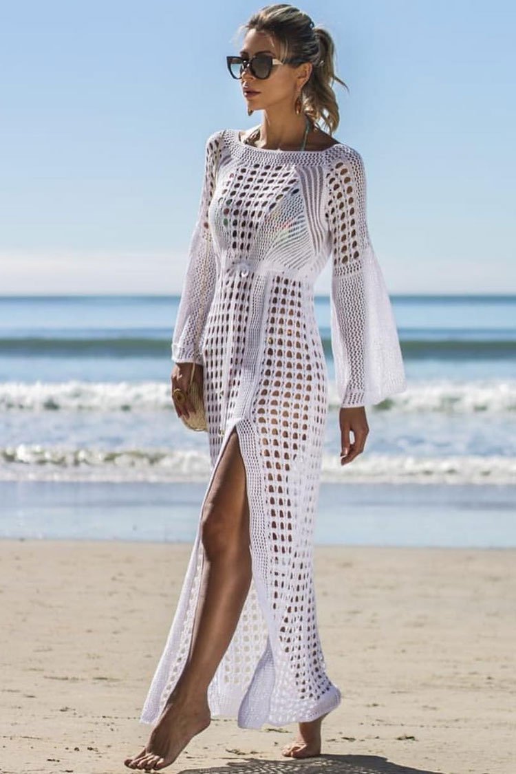 High Split Flare Sleeve Open Knit Crochet Cover Up-Pinkami