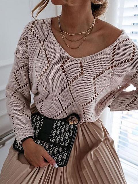 V-neck Rhombus Hollow out Knit Sweater-Pinkami