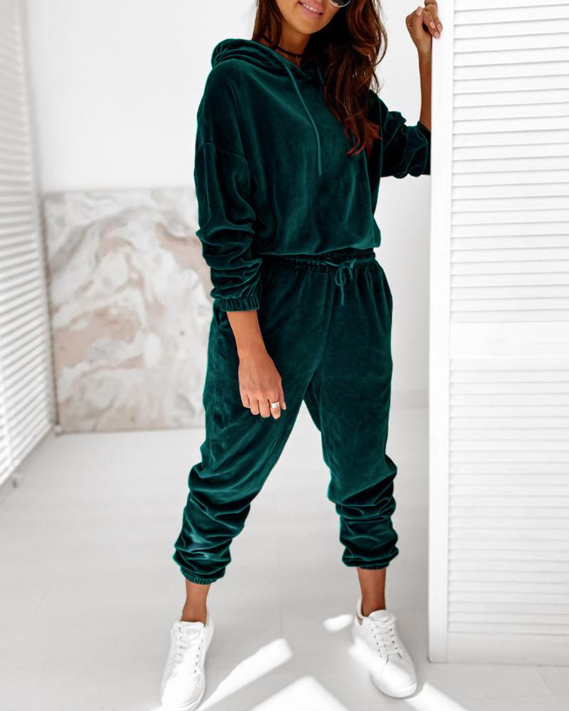 Solid Velvet Drawstring Detail Hoodie & Pants Set-Pinkami