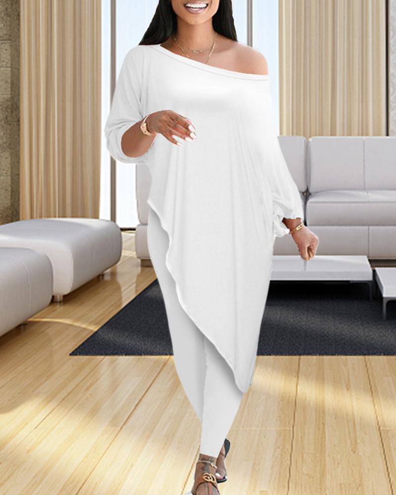 Solid Boat Neck Asymmetrical Long Sleeve Top & Pants Set-Pinkami