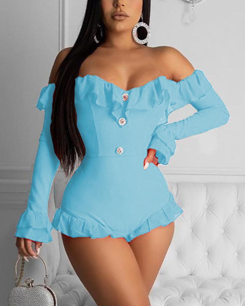 Off Shoulder Ruffle Trim Button Decor Casual Romper