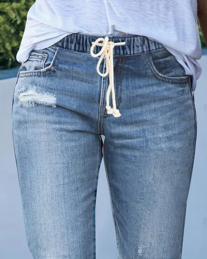 Elastic Waist Drawstring Raw Hem Distressed Jeans-Pinkami