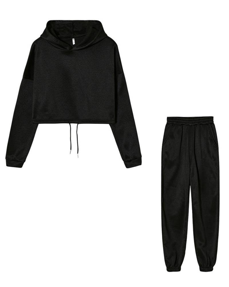 Solid Drawstring Elastic Hem Hooded Top & Pants Set-Pinkami