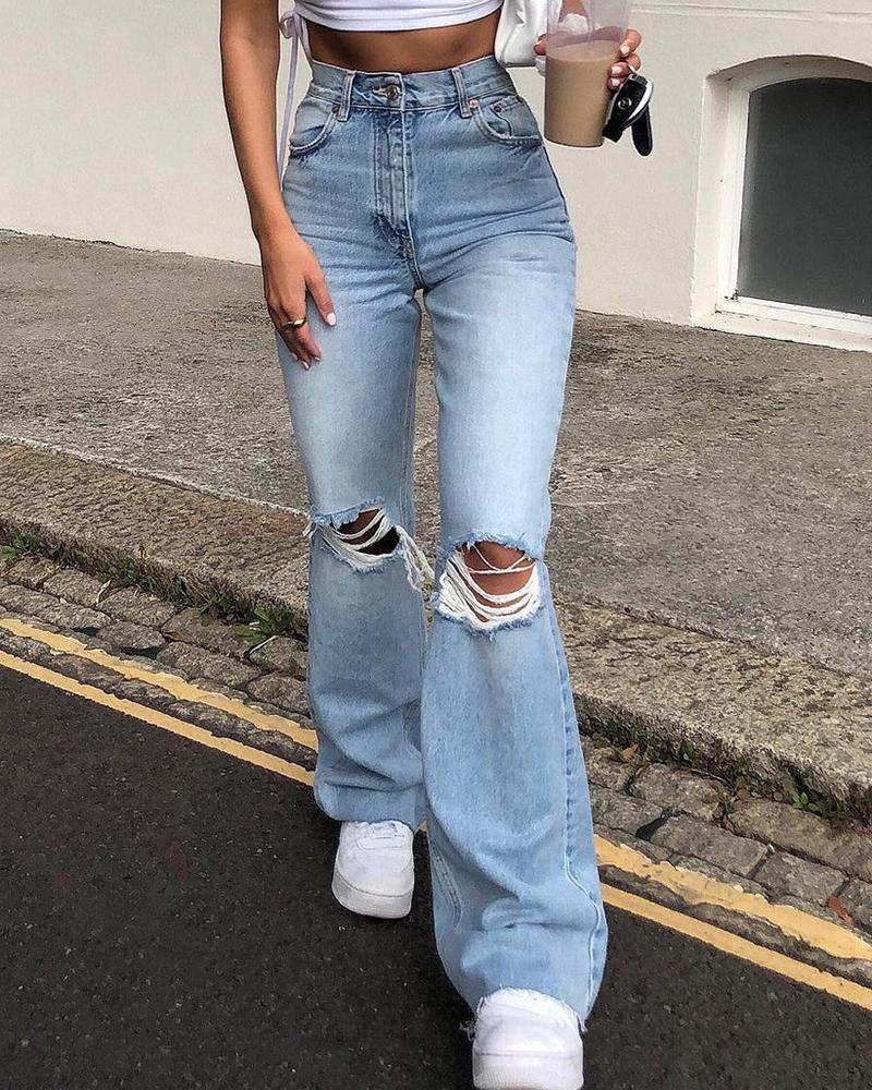 Women Ripped High Waist Flare Jeans-Pinkami