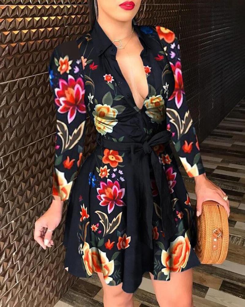 Mixed Print Buttoned Long Sleeve Ruffles Dress