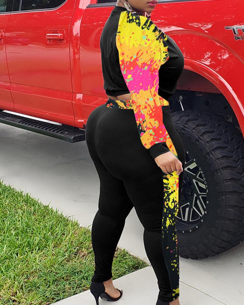 Splash Ink Print Long Sleeve Top & Pants Set-Pinkami