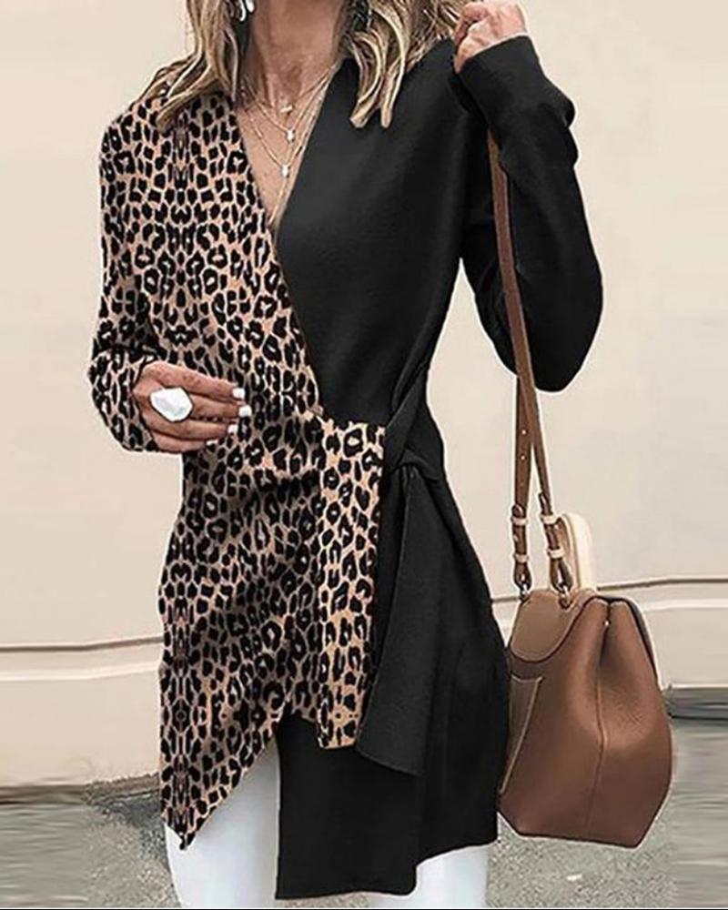 Colorblock & Leopard Print Twist Side Asymmetrical Hem Sweater-Pinkami