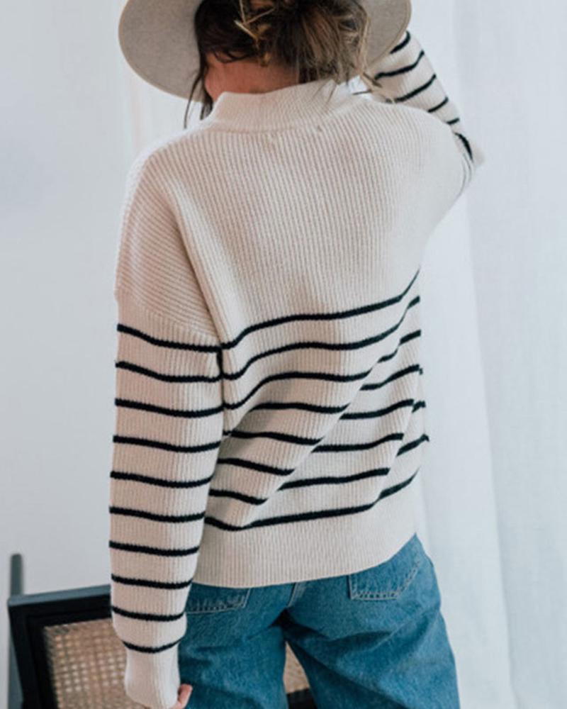 Striped Rib-Knit O-ring Zip Front Sweater-Pinkami