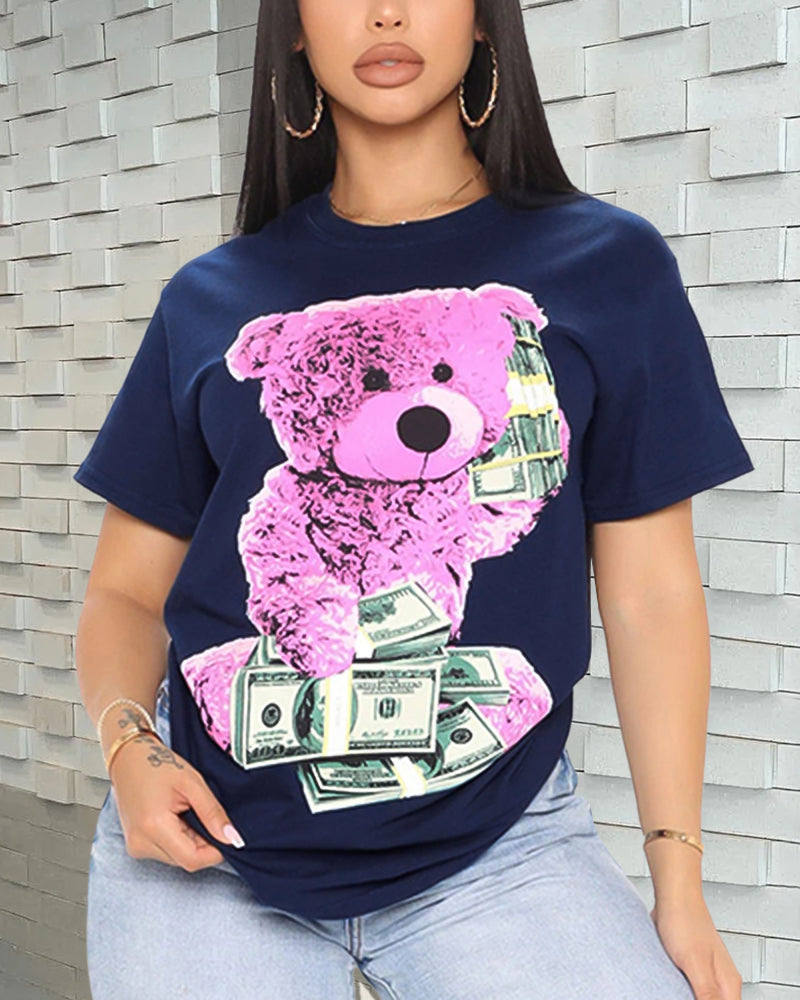 Bear & Dollar Print Round Neck T-Shirt-Pinkami
