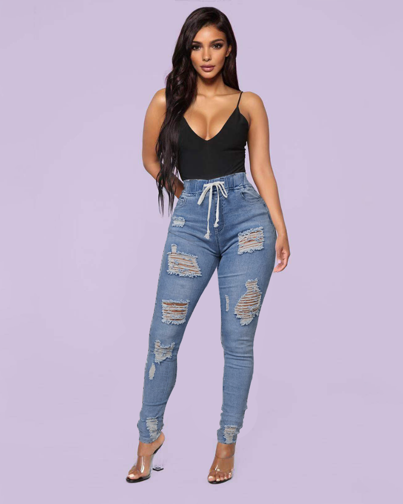 Women Plus Extreme Distressed Drawstring Waist Jeans-Pinkami