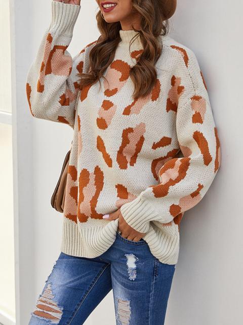 Leopard Pattern Long Sleeve Pullover Sweater-Pinkami
