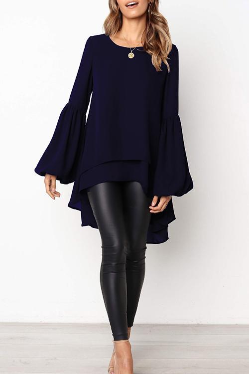 Puff Sleeve Lrregular Hem Solid Color Long Sleeve T-Shirt-Pinkami