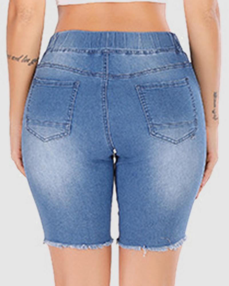 Women Drawstring Waist Ripped Frayed Hem Denim Shorts-Pinkami