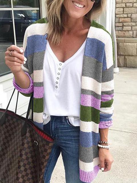 Stripe Splicing Knitted Sweater Cardigan-Pinkami