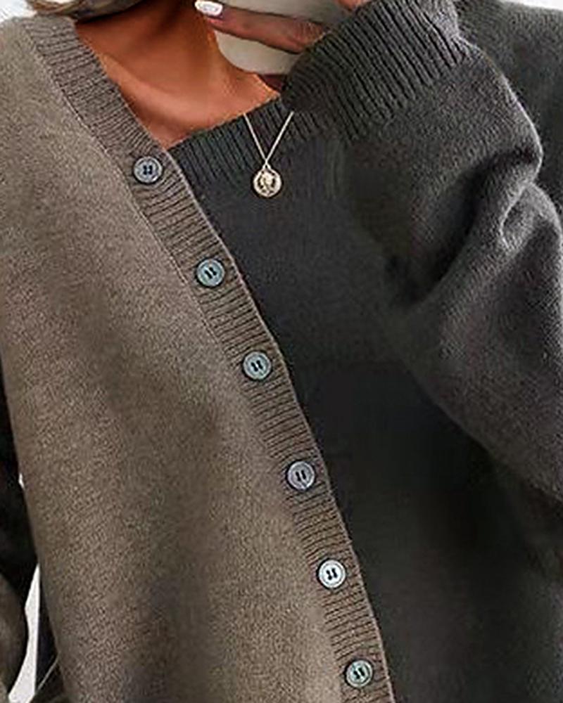 Two Tone Button Detail Asymmetrical Neck Sweater-Pinkami