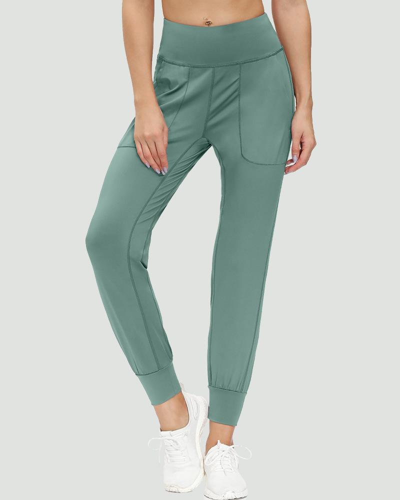 Slant Pocket Wide Waistband Elastic Hem Sports Leggings For Women-Pinkami