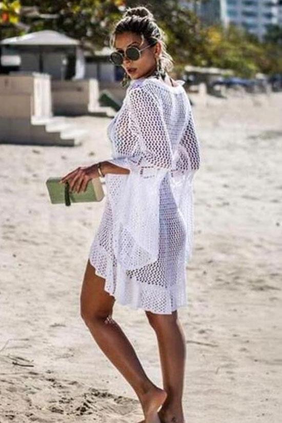 Flare Sleeve Drawstring Crochet Cover Up-Pinkami