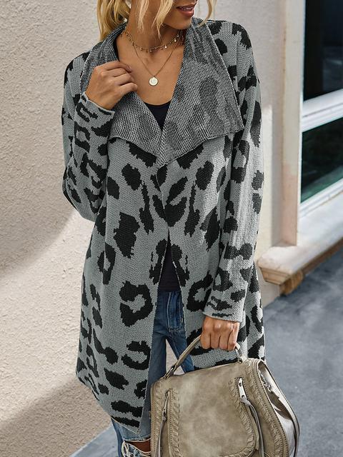 Leopard Long Sleeve Lapel Sweaters Coat-Pinkami