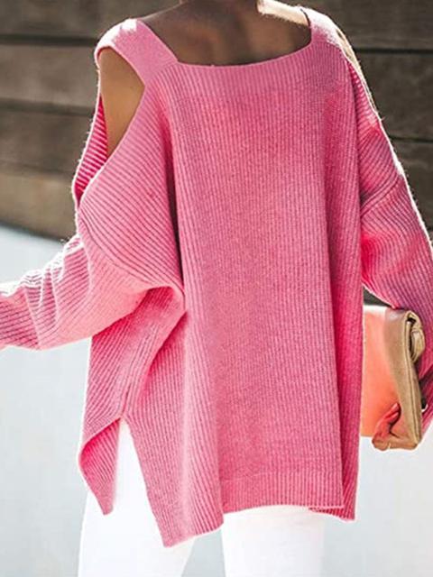 Solid Color Cold shoulder Knit Sweater-Pinkami