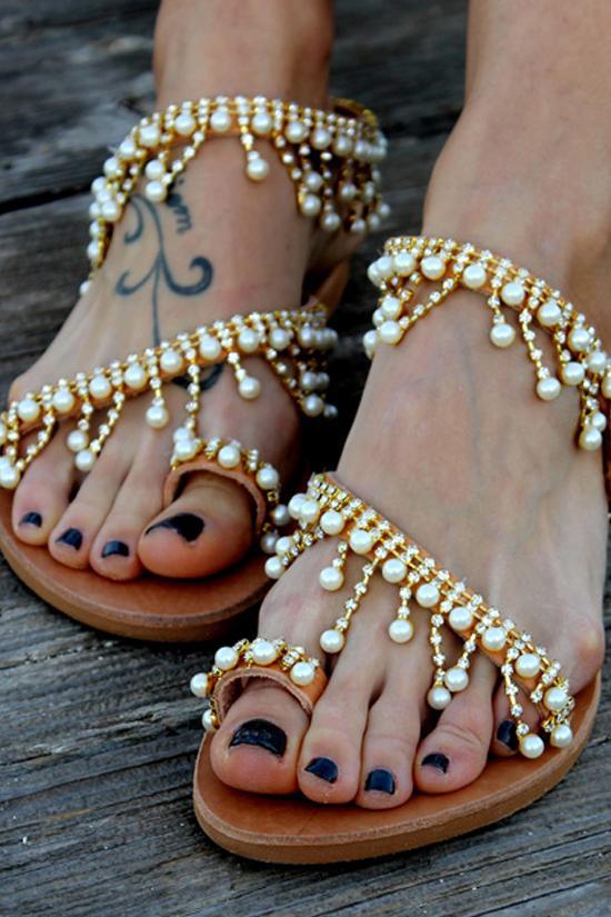 Bead Fringe Rhinestone Embellished Flat Sandals-Pinkami