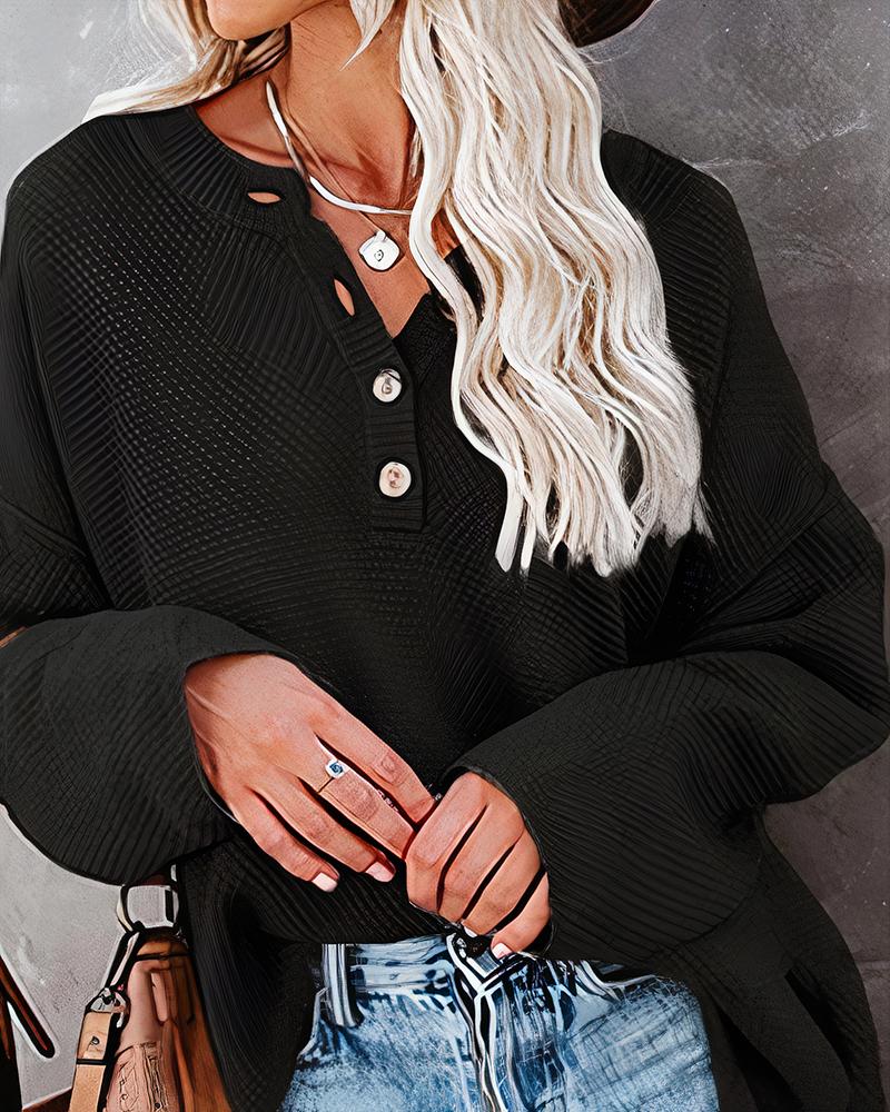 Solid Waffle Knit Topstitching Split Hem Button Detail Sweater-Pinkami