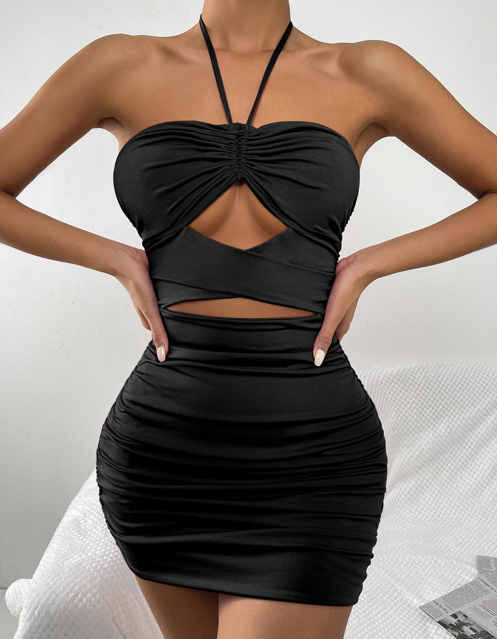 Solid-color Crisscross Halter Backless Cutout Pleated Short Bodycon Dresses