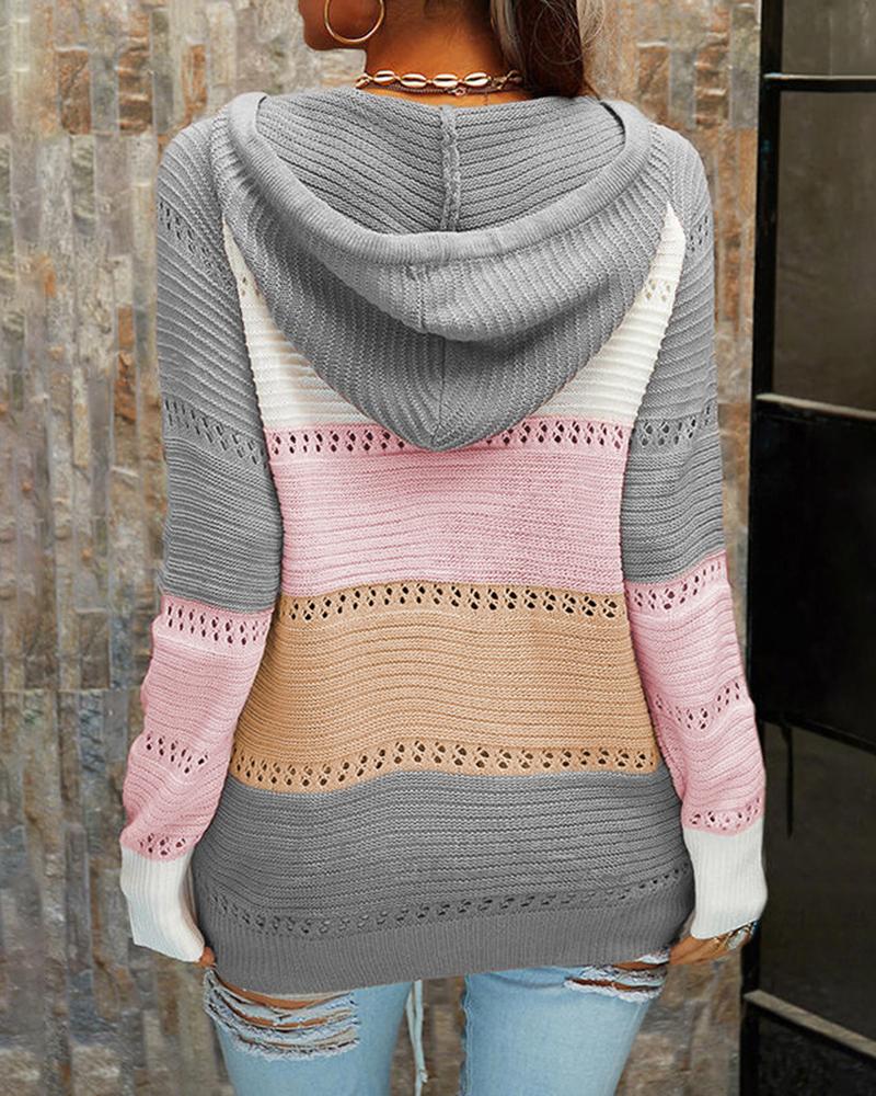 Colorblock Lace Up Pointelle Knit Hooded Sweater-Pinkami