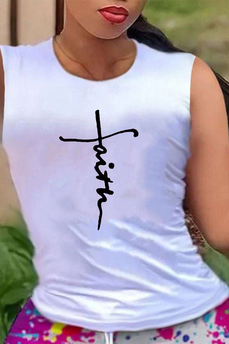 Letter Print Round Neck Tank Top-Pinkami