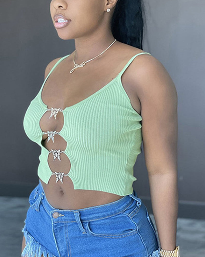 Ribbed Chain Linked Hollow Out Crop Cami Top-Pinkami