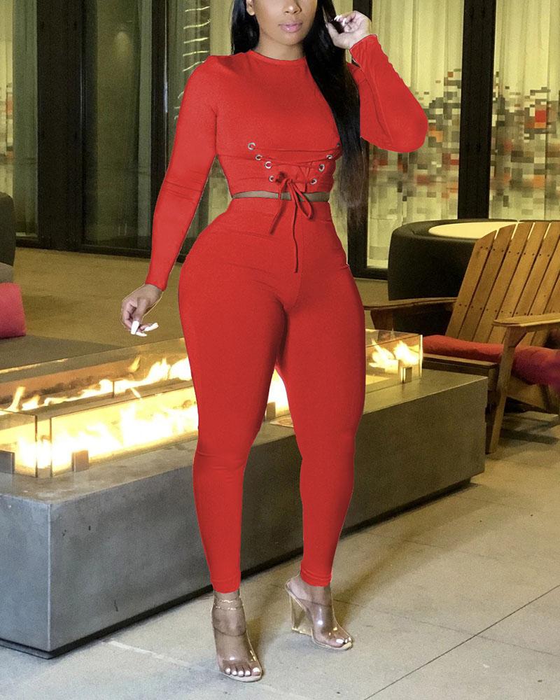 Solid Lace Up Long Sleeve Top & Pants Set-Pinkami