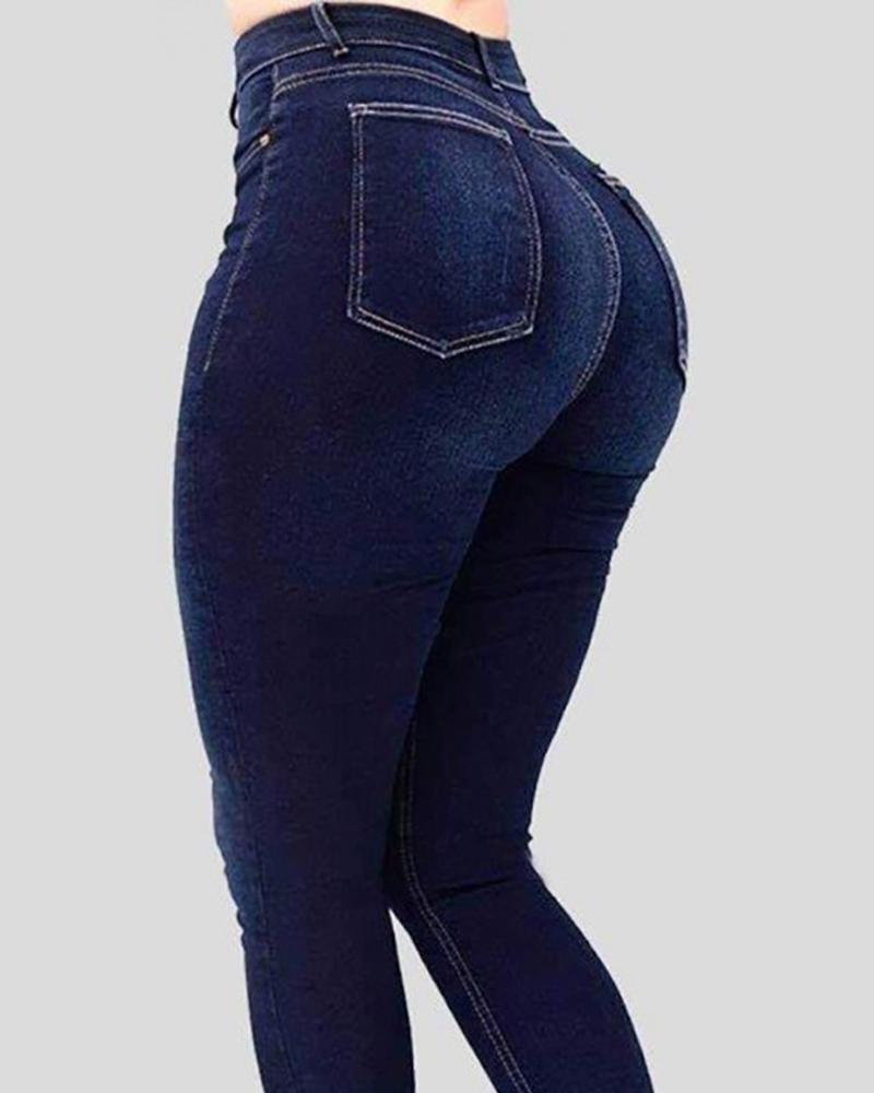 Women Pocket Detail High Waist Jeans-Pinkami