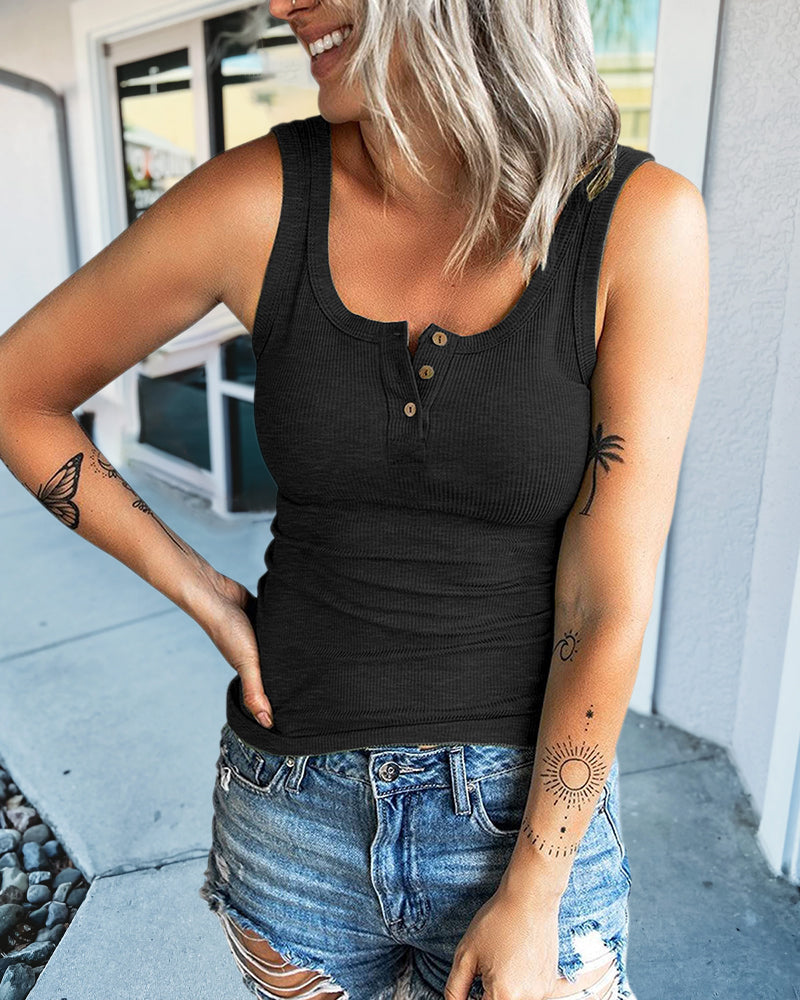 Half Button Placket Ribbed Tank Top-Pinkami