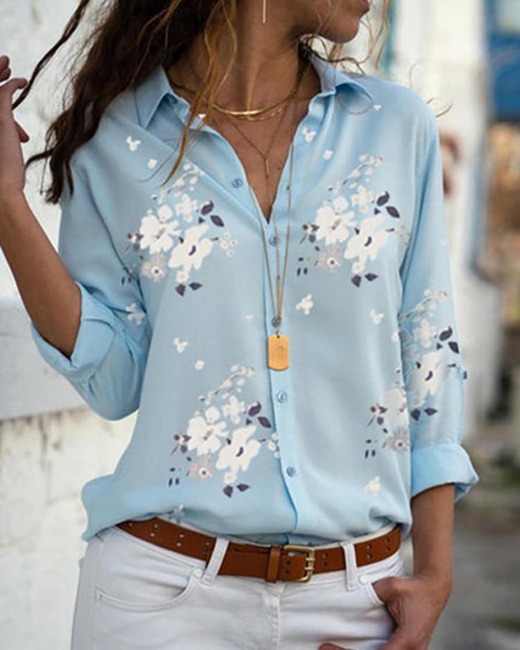 Floral Print Long Sleeve Casual Shirt-Pinkami