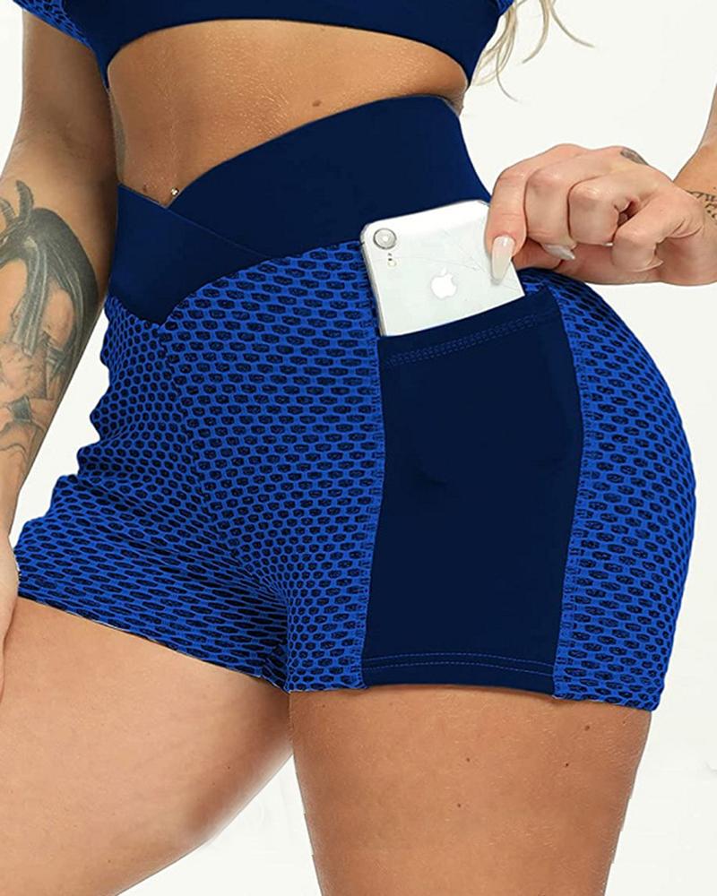 Colorblock Textured Pocket Detail Overlap Waist Sports Shorts-Pinkami